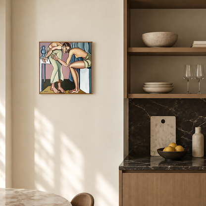 Original figurative painting by Noemi Safir showing two female bodies connected through weight, touch and physical adjustment.