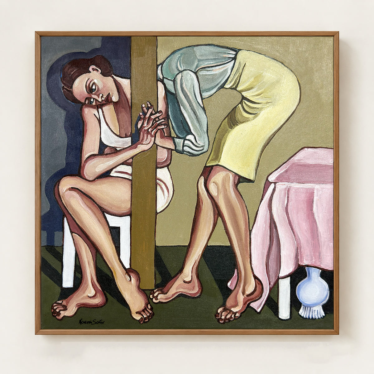 Stay Where I Can Reach You by Noemi Safir is an original 35 × 35 cm contemporary figurative painting from the My Body Remembers You series.