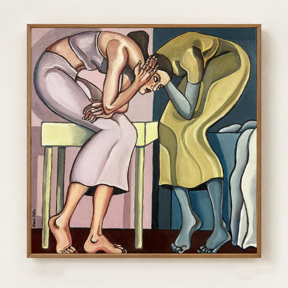 Come Closer, I Can’t Hear You Think by Noemi Safir is a 35 × 35 cm figurative painting of two women bending closely toward each other.