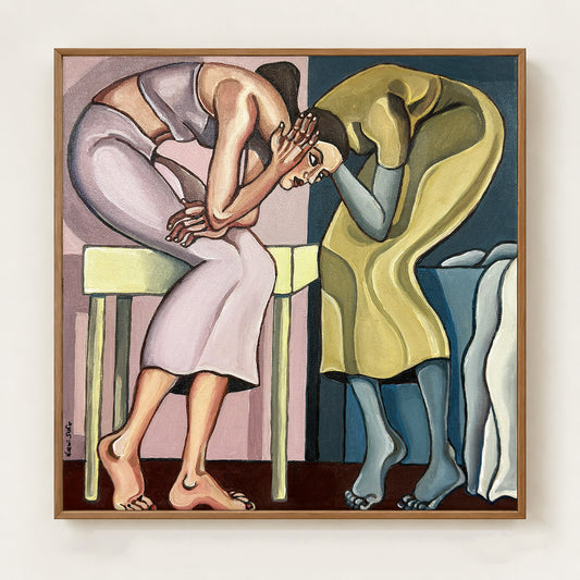 Come Closer, I Can’t Hear You Think by Noemi Safir is a 35 × 35 cm figurative painting of two women bending closely toward each other.
