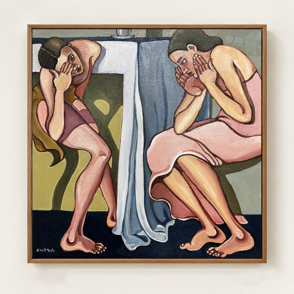 Are You Thinking What I’m Thinking? by Noemi Safir is an original 35 × 35 cm contemporary figurative painting from the My Body Remembers You series.
