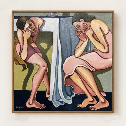 Are You Thinking What I’m Thinking? by Noemi Safir is an original 35 × 35 cm contemporary figurative painting from the My Body Remembers You series.