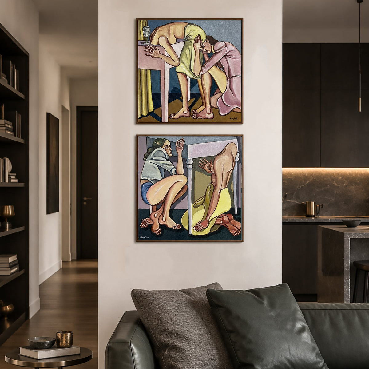 Original figurative painting by Noemi Safir showing one female figure folded over a table while another holds her close.