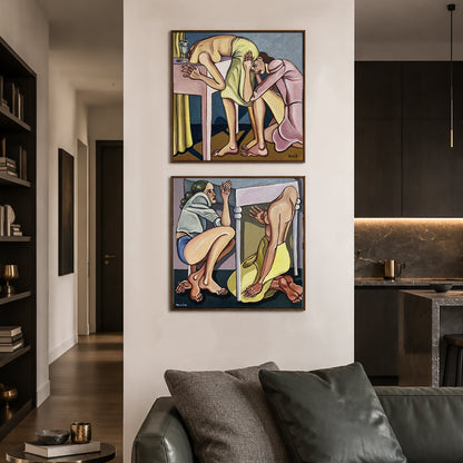 Original figurative painting by Noemi Safir showing two female figures compressed around a large table in a restricted domestic space.