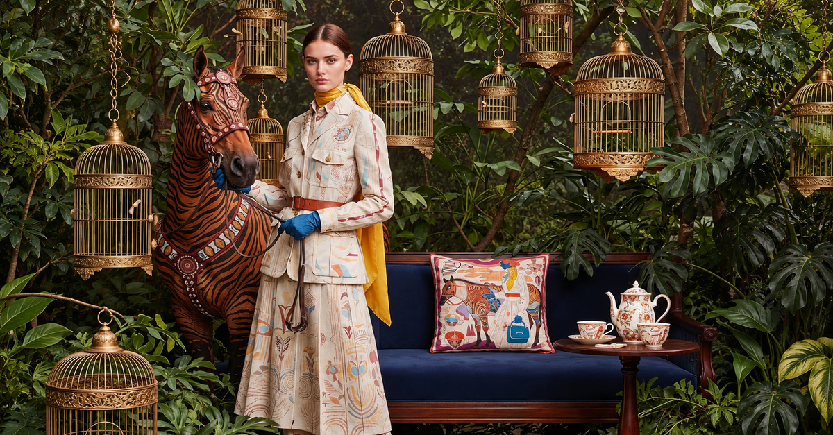 A model stands in a lush green jungle-like set wearing a beige military-style uniform with colorful printed motifs and a yellow scarf. A tiger-striped horse prop is beside her, with a blue upholstered bench, A NOE MI decorative pillows, hanging gold birdcages, and a teapot on a table in the background.