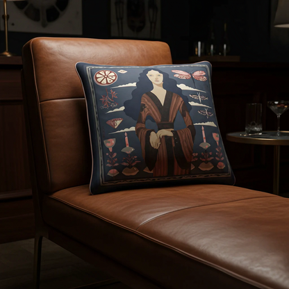 NOE MI artistic square cushion in indigo and warm tones with refined textile finish and decorative piping
