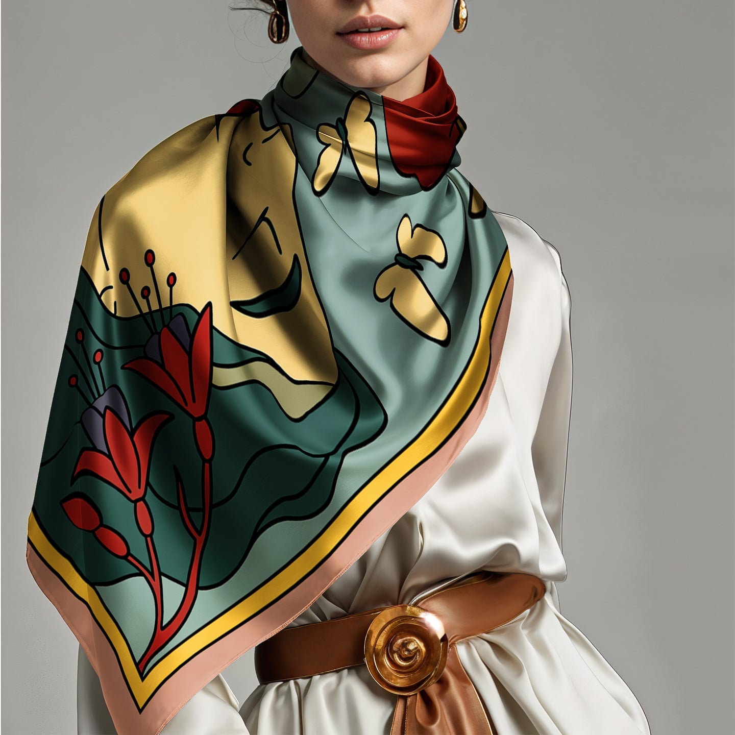 Woman wearing a colorful patterned NOE MI luxury art silk twill scarf  