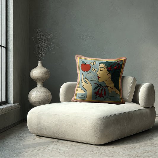 Luxury decorative cushion by NOE MI, velvet square pillow with surreal art-inspired design, elegant home décor for global collectors.