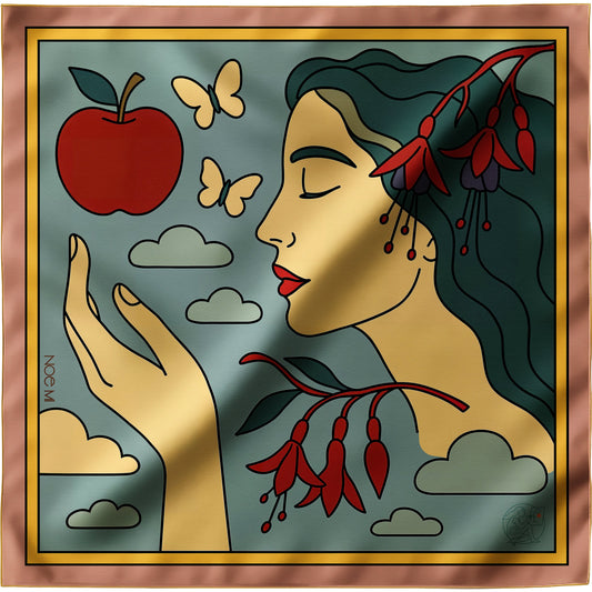 Artistic NOE MI silk twill scarf of a woman's face with nature elements like an apple, butterflies, and flowers.