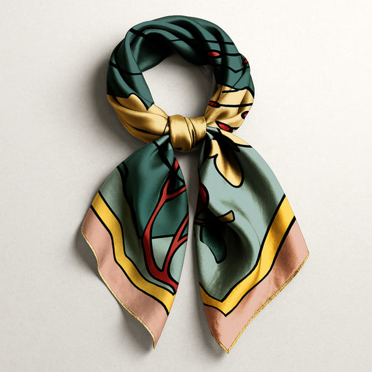 NOE MI luxury art silk twill scarf  in light blue and yellow