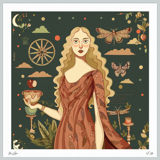 Illustration of a woman in a flowing dress holding a golden cup, surrounded by nature elements on a dark green background. limited edition print by NOEMI