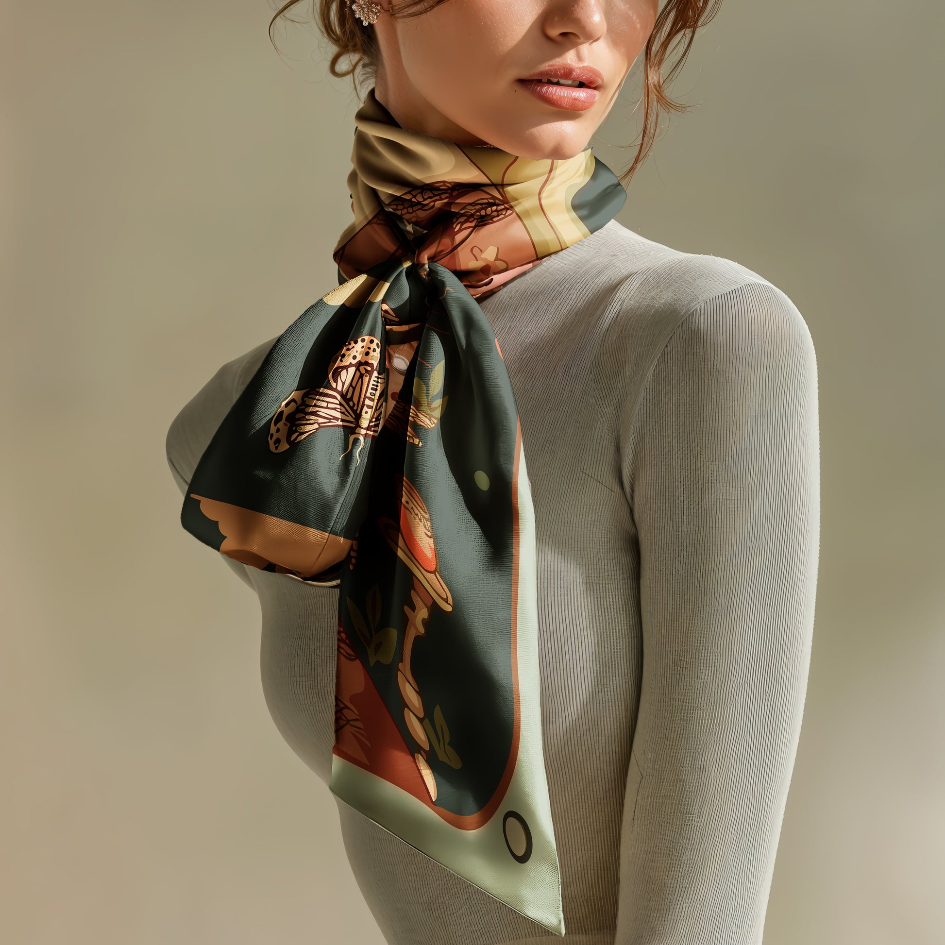 Woman wearing a patterned silk scarf around her neck , Made from 100% silk twill with hand-rolled edges by NOE MI