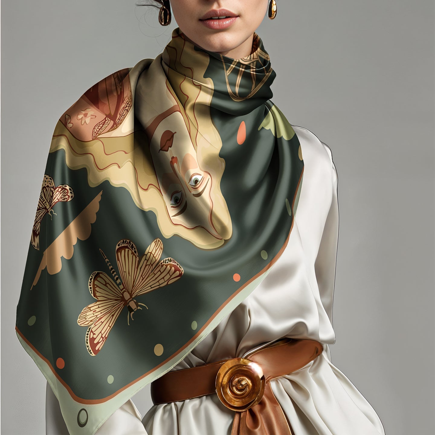 Woman wearing a green patterned 100% silk twill scarf around her neck by NOE MI
