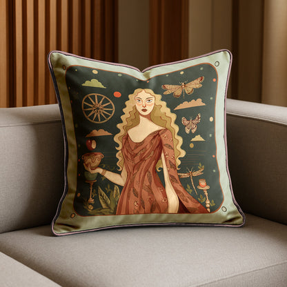 Decorative square velvet shimmer cushion with artistic luxurious design featuring a woman by NOE MI