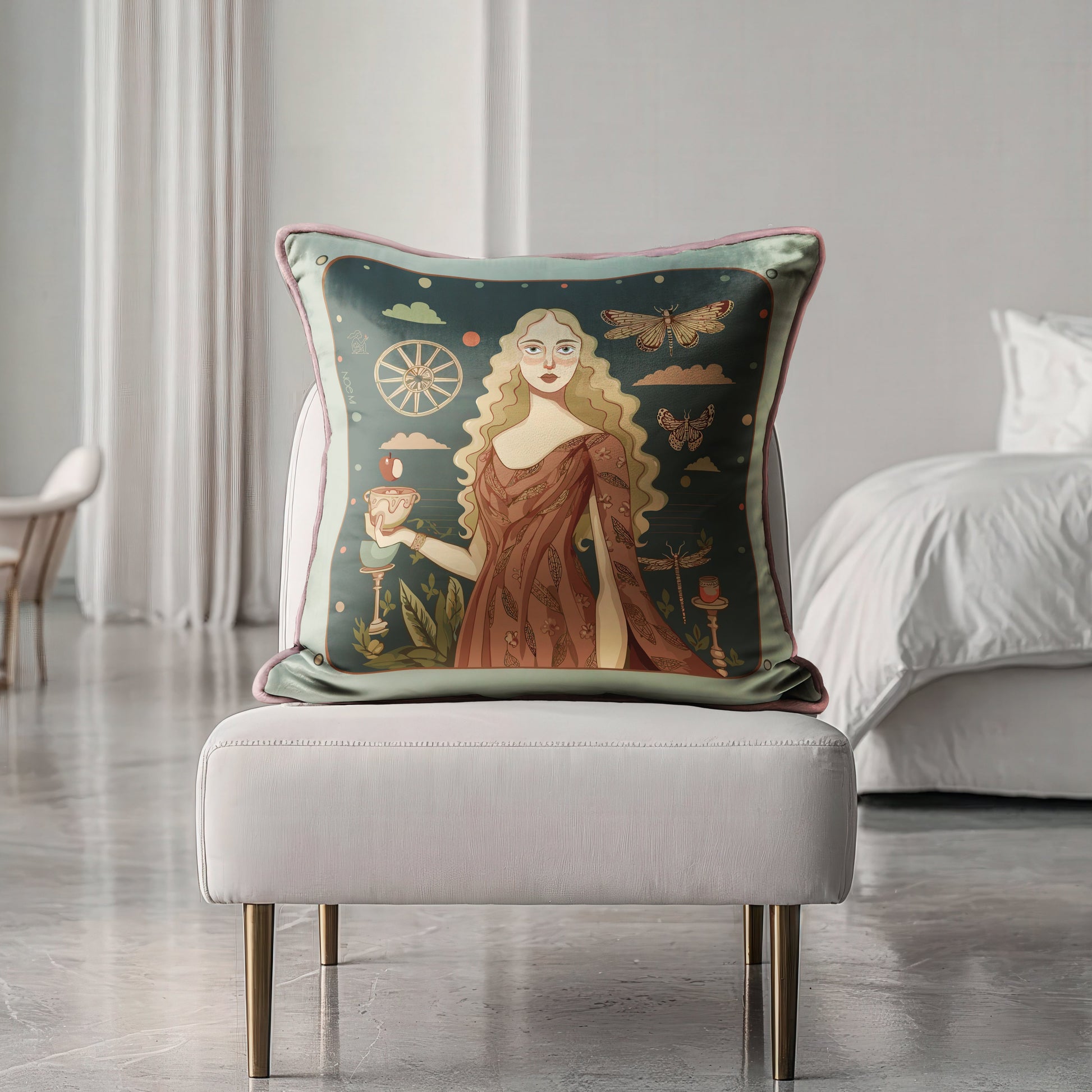 Decorative pillow with a woman holding a cup and butterflies on a dark green background and warm terracota tones ,by NOE MI