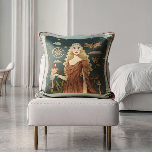 Decorative pillow with a woman holding a cup and butterflies on a dark green background and warm terracota tones ,by NOE MI