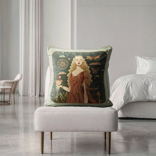 Decorative pillow with a woman holding a cup and butterflies on a dark green background and warm terracota tones ,by NOE MI
