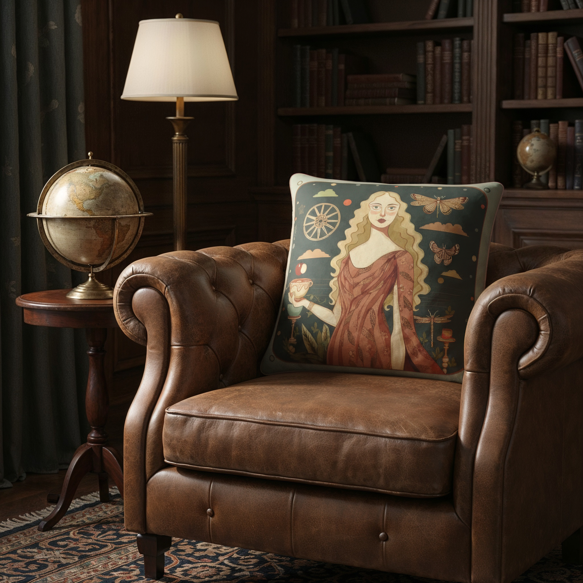 Decorative square velvet shimmer cushion with artistic luxurious design featuring a woman by NOE MI