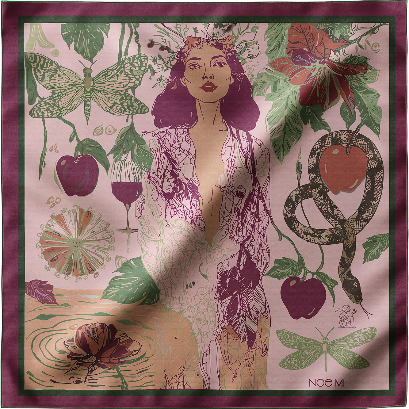 Blush pink silk scarf by NOE MI featuring contemporary figurative illustration and botanical elements, premium silk twill accessory for modern fashion lovers worldwide.