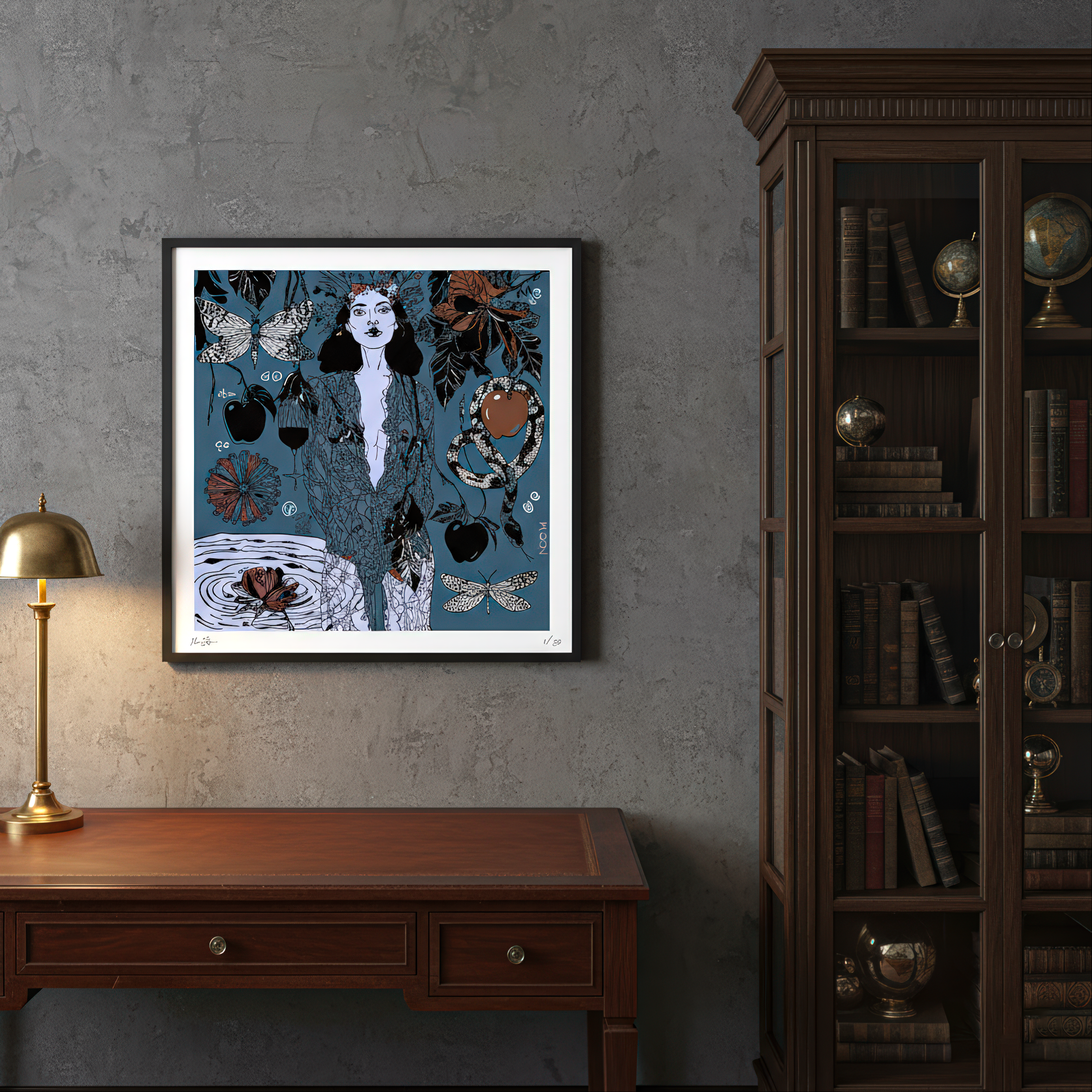 Dark Temptation fine art print by NOE MI, exploring feminine intensity and shadowed beauty in symbolic, high-end interior wall décor.