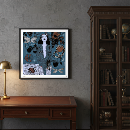 Dark Temptation fine art print by NOE MI, exploring feminine intensity and shadowed beauty in symbolic, high-end interior wall décor.