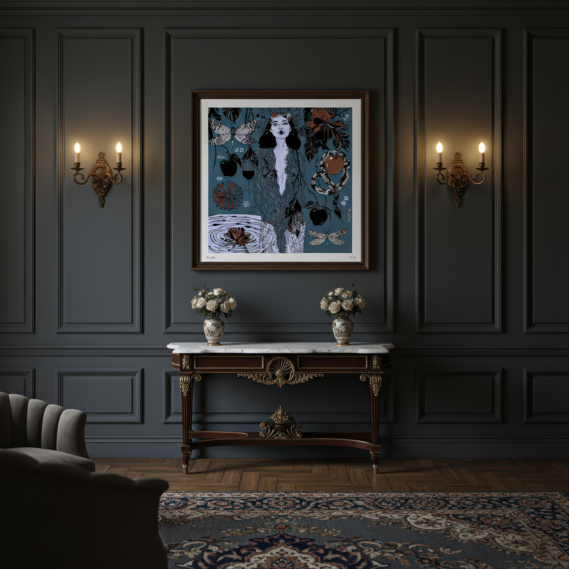 Bold and symbolic limited edition wall art Dark Temptation by NOE MI, capturing themes of sensuality, power, and inner conflict.