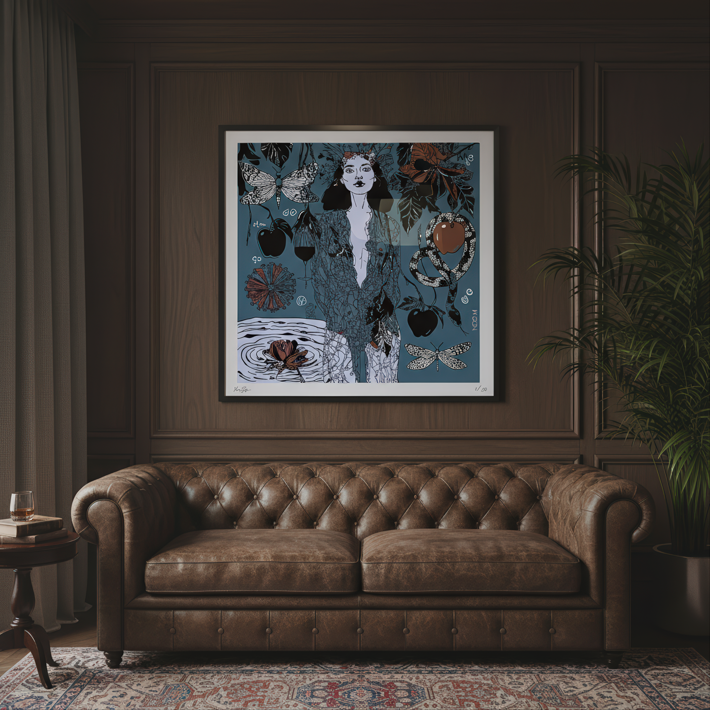 “Dark Temptation” limited edition art print by NOE MI, featuring a surreal female figure in red and black tones, perfect for emotional, modern wall art.
