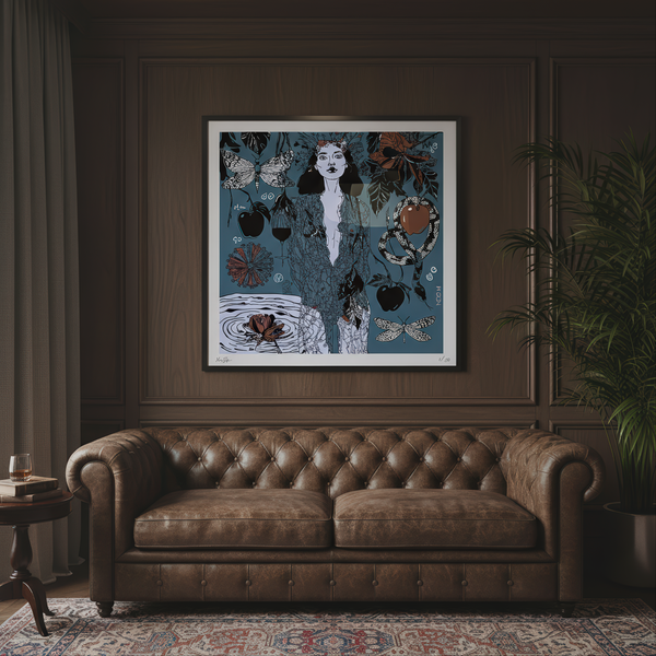 “Dark Temptation” limited edition art print by NOE MI, featuring a surreal female figure in red and black tones, perfect for emotional, modern wall art.