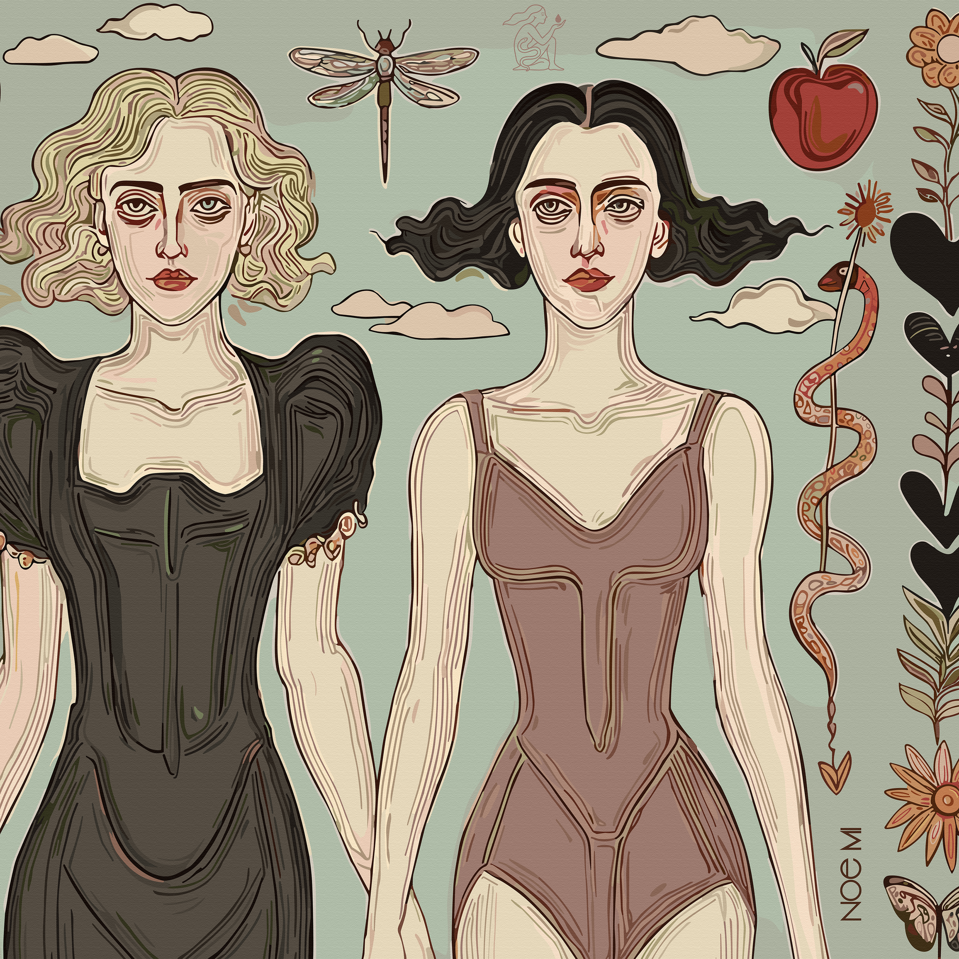Illustrated art print of two women in corset-like dresses, framed by surreal objects such as a dragonfly, snake, and flowers, empowering female imagery. Art by NOE MI