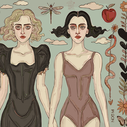 Illustrated art print of two women in corset-like dresses, framed by surreal objects such as a dragonfly, snake, and flowers, empowering female imagery. Art by NOE MI