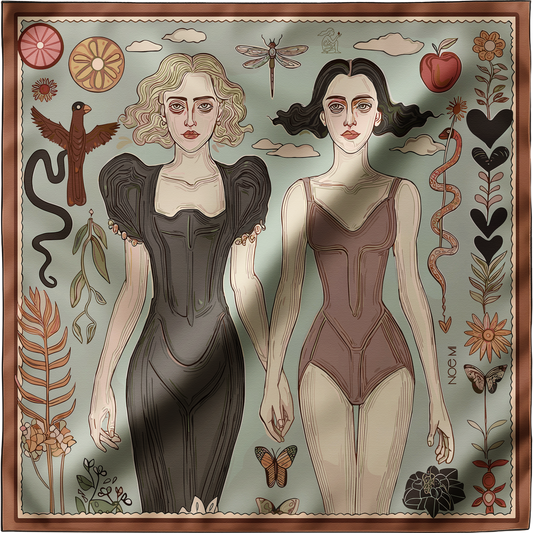 Luxury silk scarf featuring two women holding hands, symbolic design by NOE MI by Noemi Safir