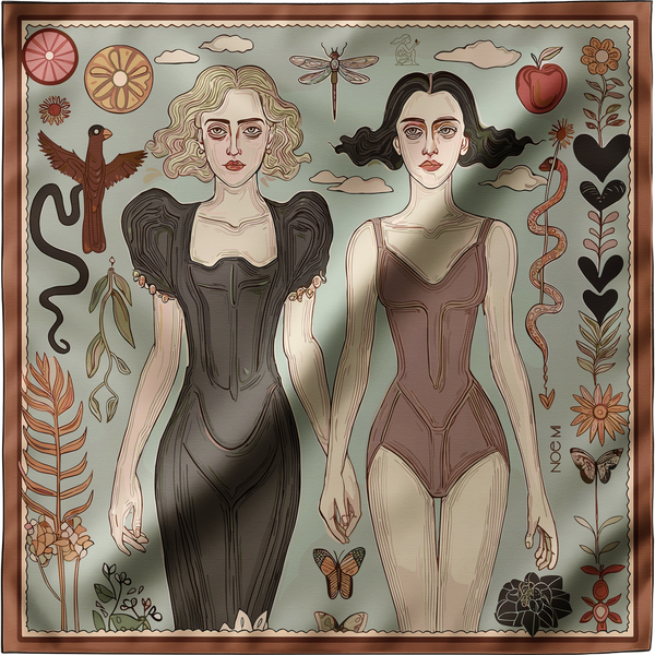 Luxury silk scarf featuring two women holding hands, symbolic design by NOE MI by Noemi Safir
