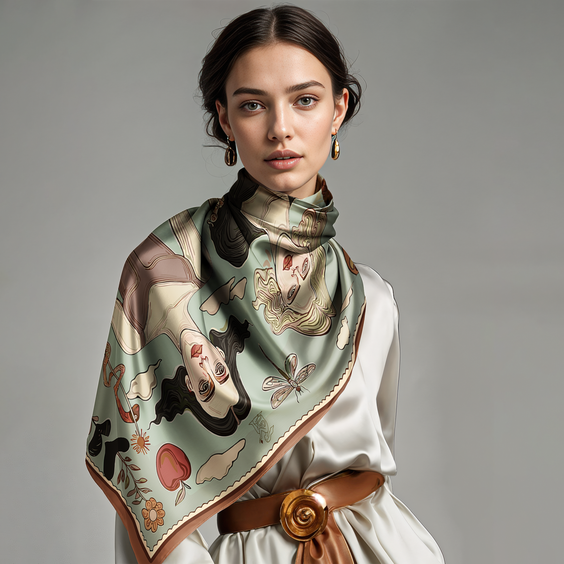 Artistic square scarf with dark and light feminine figures, red snake and heart motifs by NOE MI
