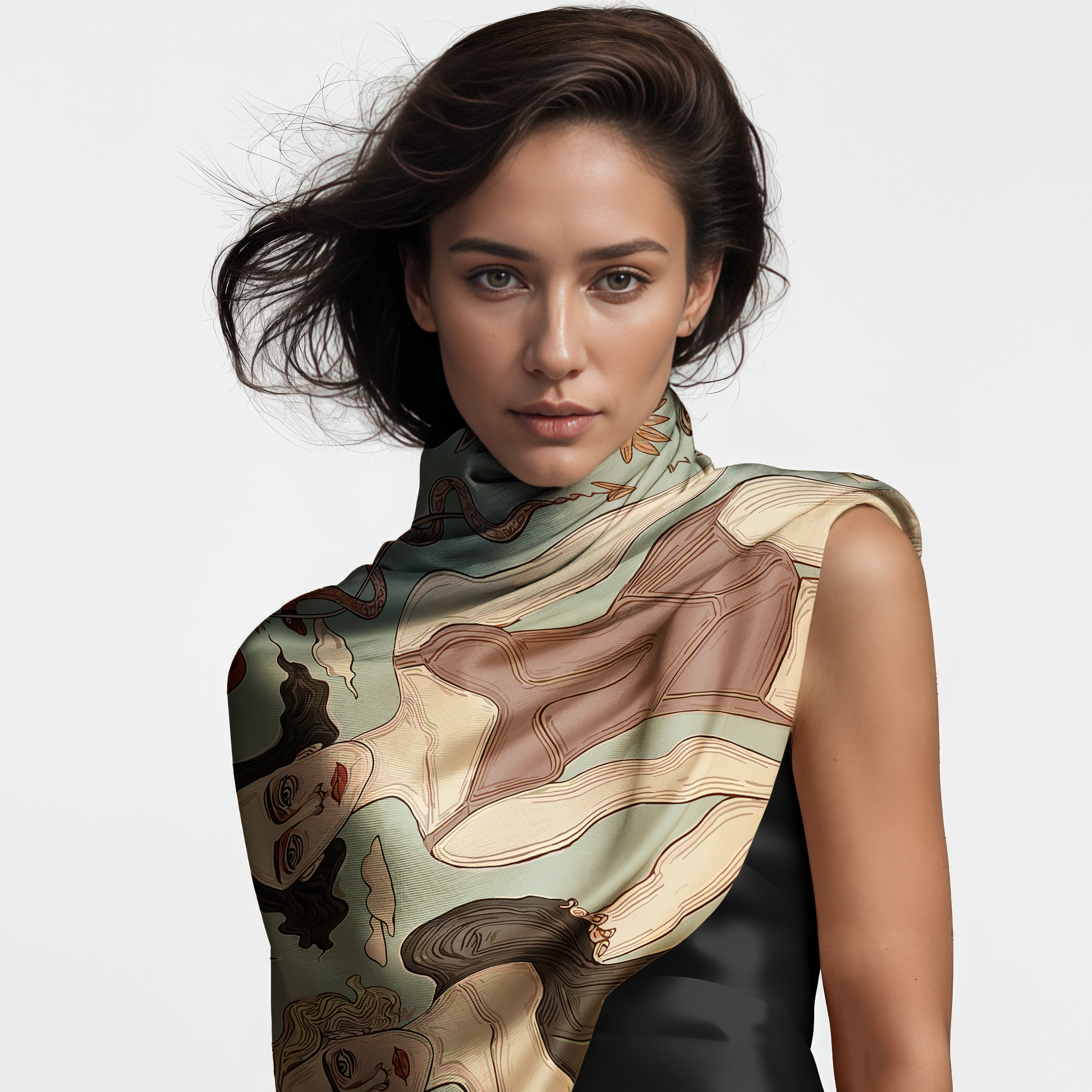 High-end silk scarf with surreal female illustration and emotional symbolism by NOE MI