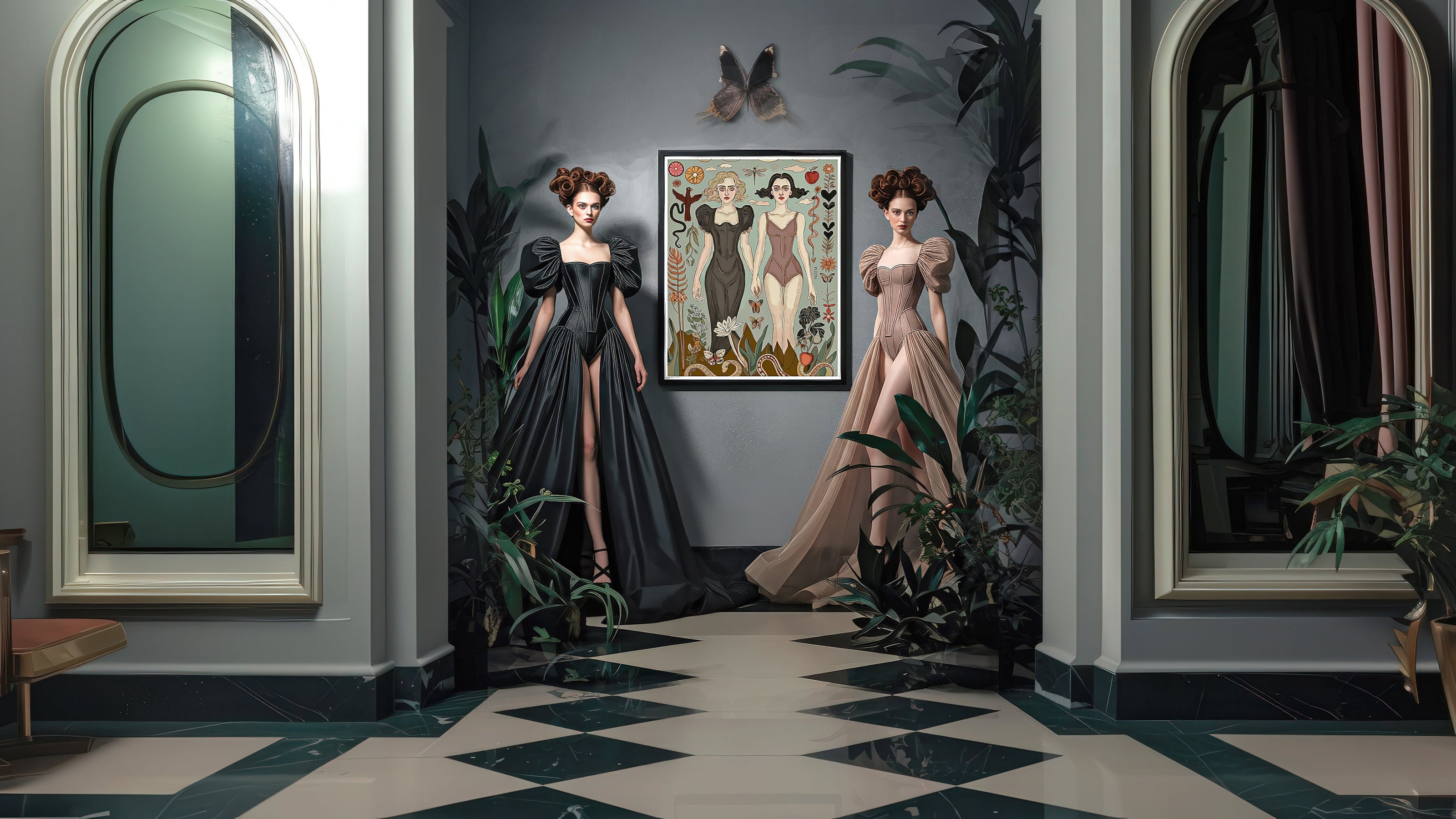 Two women in elegant dresses standing in a room with mirrors and a framed NOE MI artwork print.