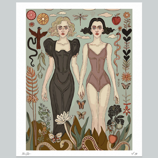 Rectangular fine art print featuring two stylized women standing together, surrounded by surreal motifs like snakes, apples, hearts, and butterflies, limited edition print by NOE MI.