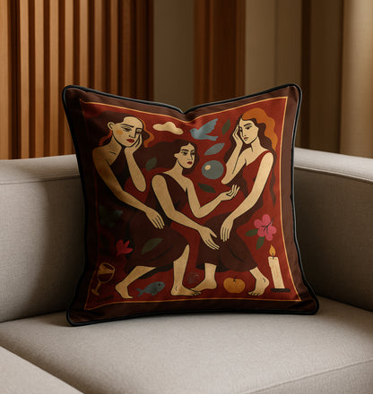A square-shaped luxury velvet pillow/cushion  with an artwork of three women surrounded by symbols against a deep burgundy sky, placed on a beige sofa.