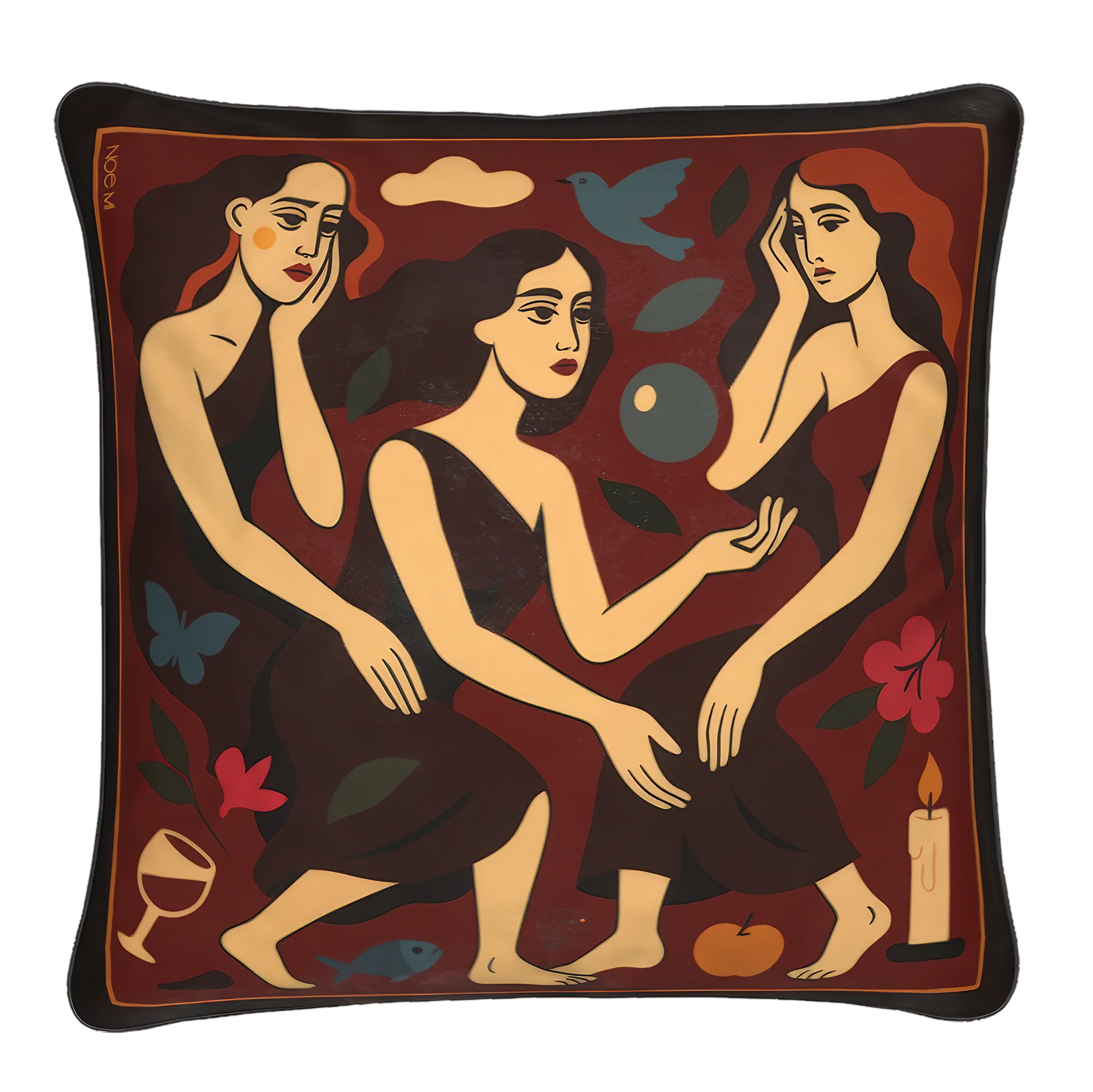 Its compact square shape and premium fabric give this NOE MI design both decorative and tactile appeal.