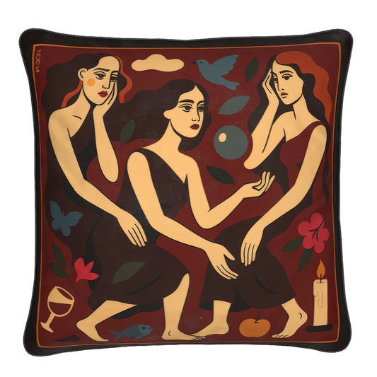 Its compact square shape and premium fabric give this NOE MI design both decorative and tactile appeal.