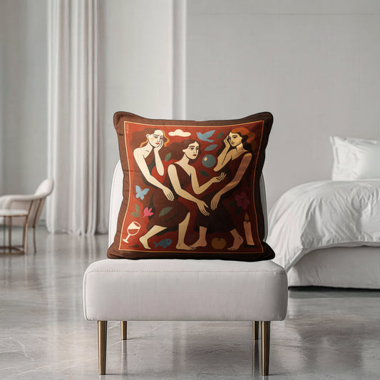 Designer velvet pillow by NOE MI, premium square cushion with surreal artwork, luxury decorative accessory for homes worldwide.