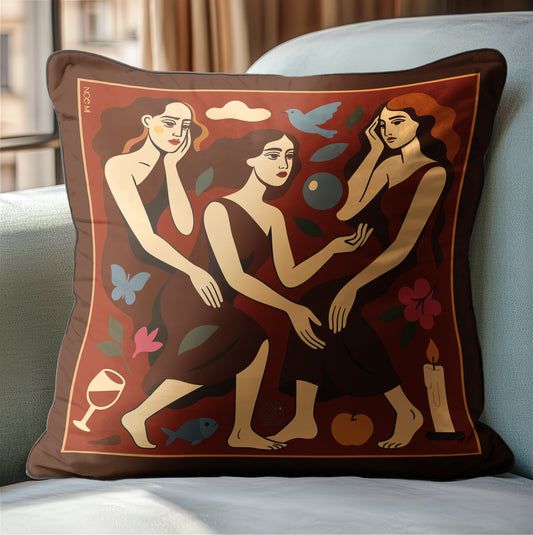 NOE MI luxury velvet cushion, square decorative pillow with artistic print, soft velvet shimmer with full-edge piping, designer home décor for global interiors.