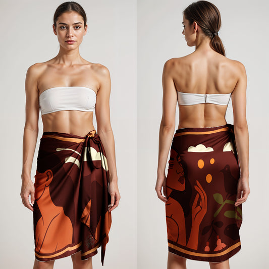 Woman wearing a strapless top and a colorful silk or chiffon pareo/sarong sarong, shown from front and back.
