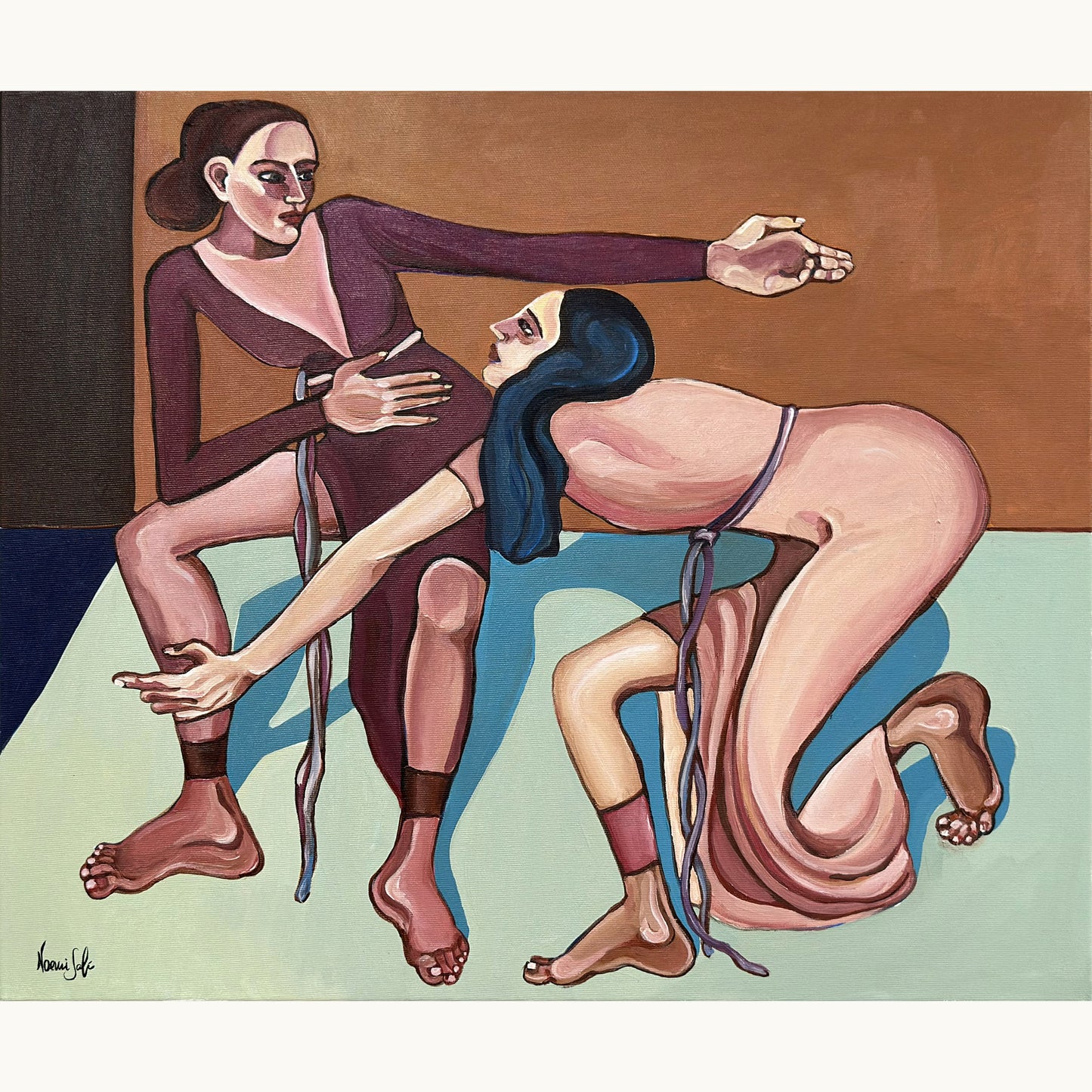 Emotional Gravity by Noemi Safir is an original acrylic painting on canvas from 2026 exploring intimacy, dependency and emotional pull between women.