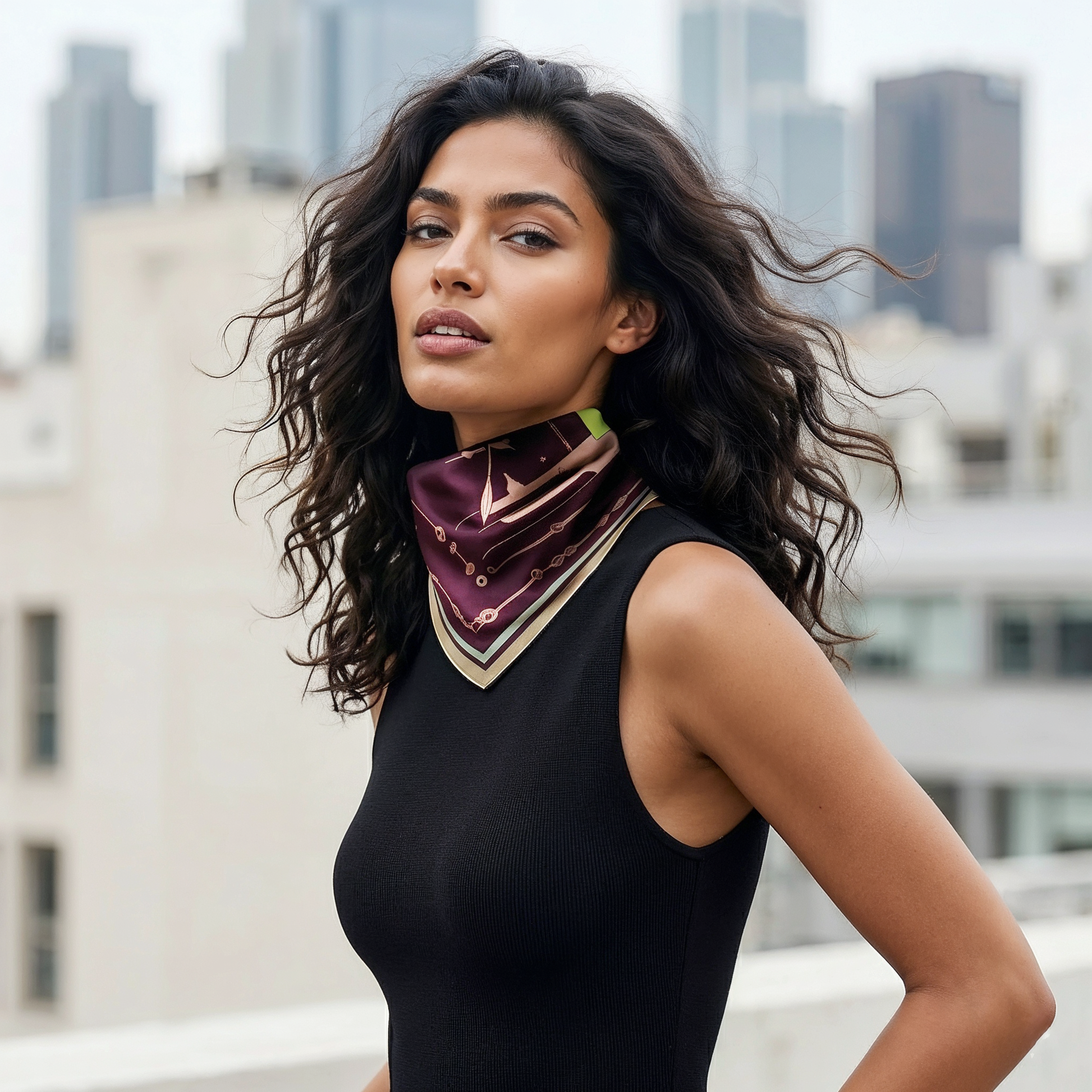 NOE MI The Navigator Amethyst silk scarf is a premium designer scarf ideal for evening styling, bold fashion looks, and artistic wardrobes.