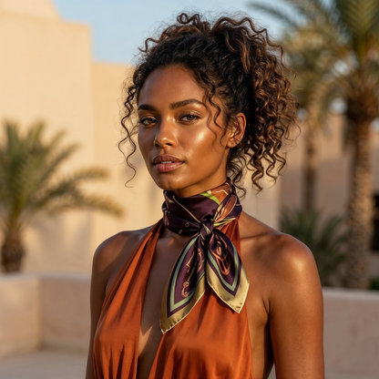 NOE MI The Navigator Amethyst silk scarf is a luxury silk twill scarf combining deep plum purple and vibrant green tones for a striking and sophisticated look.