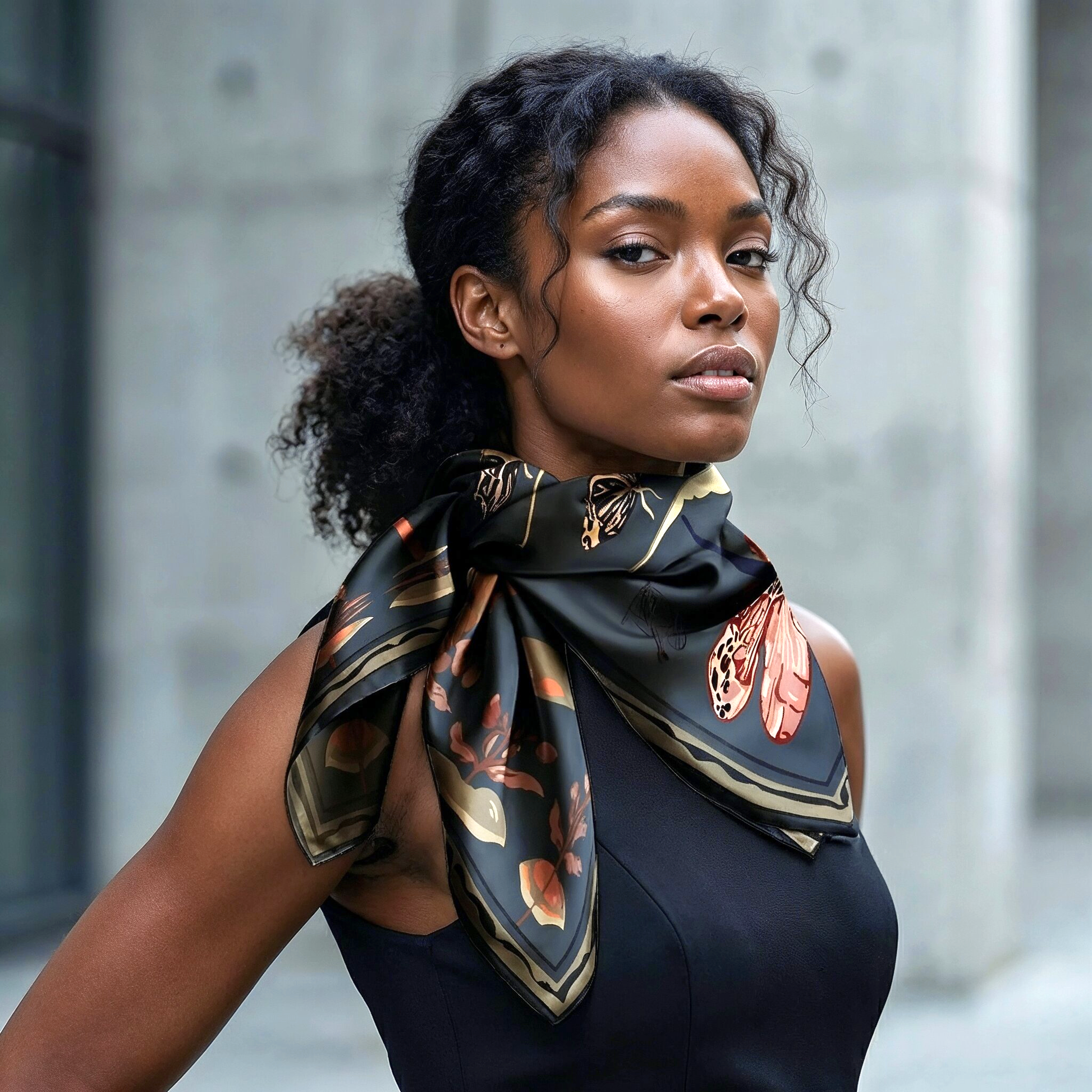 NOE MI Ginger Lace Indigo square silk scarf is a designer accessory that can be styled as a neck scarf, headscarf, or shoulder wrap for elevated everyday looks.
