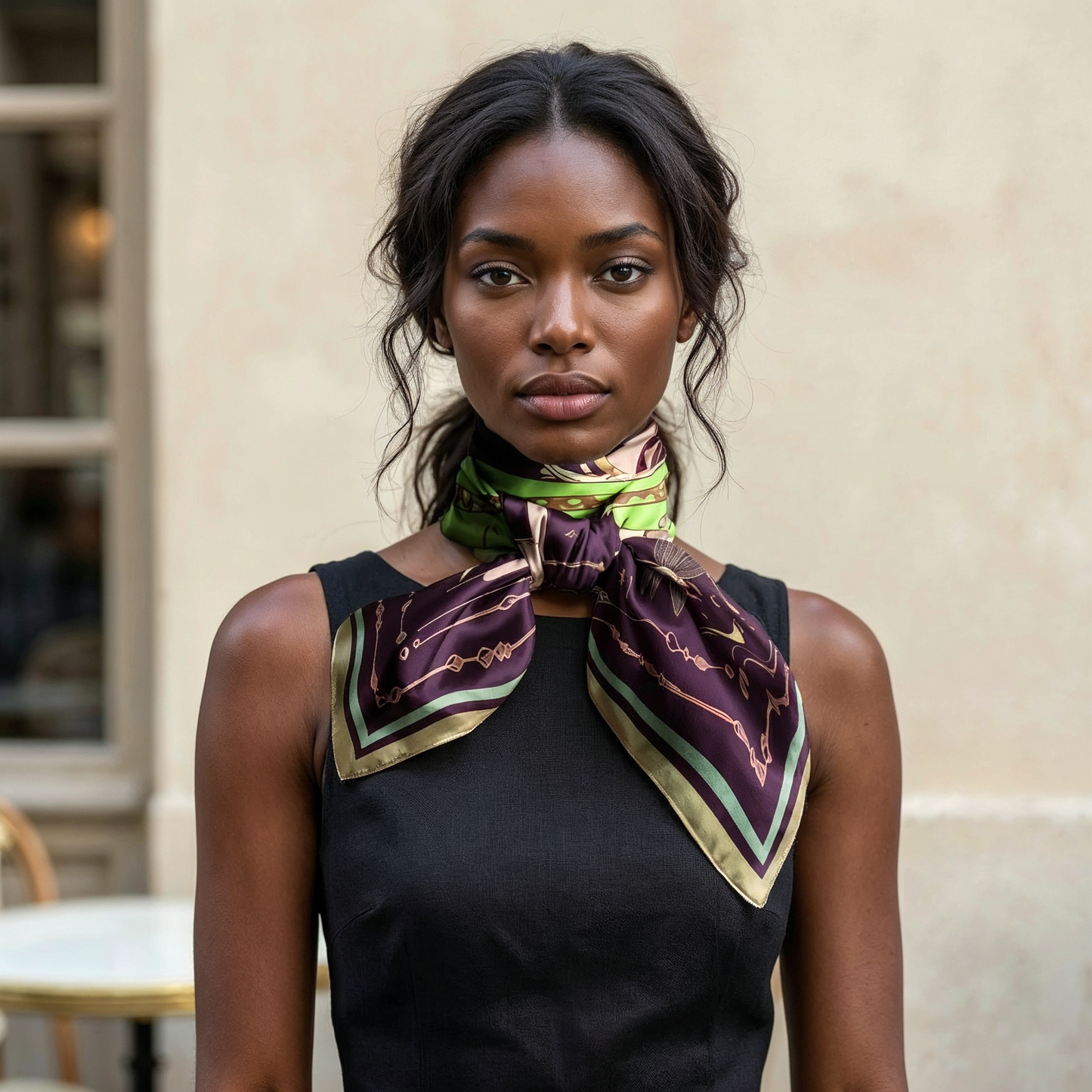 NOE MI The Navigator Amethyst square silk scarf is a designer fashion accessory that can be styled as a neck scarf, headscarf, or shoulder wrap for elevated outfits.
