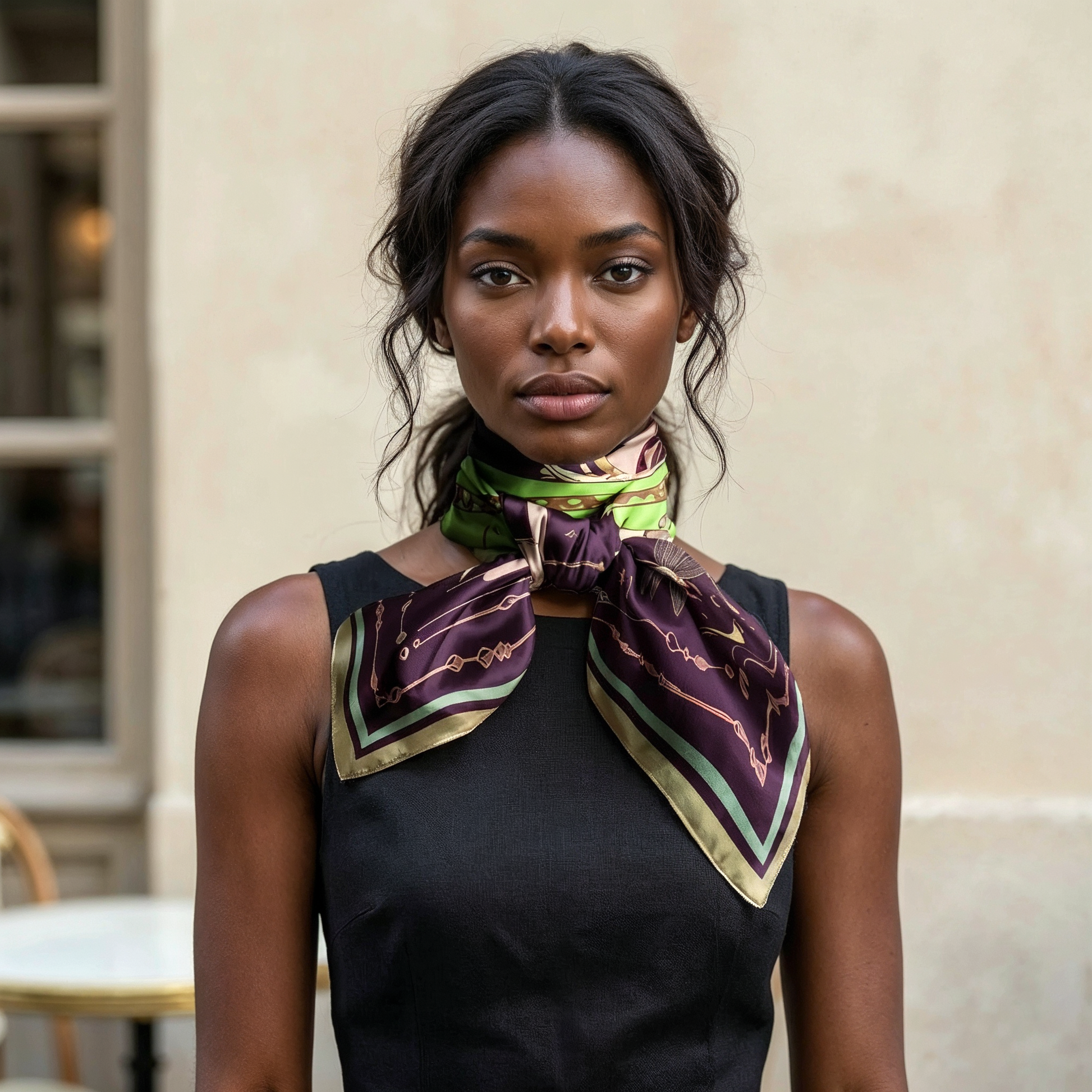 NOE MI The Navigator Amethyst square silk scarf is a designer fashion accessory that can be styled as a neck scarf, headscarf, or shoulder wrap for elevated outfits.