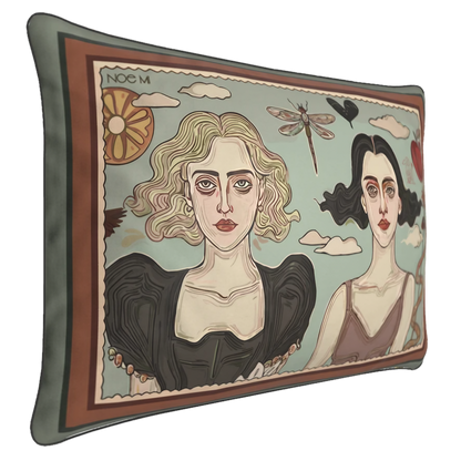 Rectangular decorative cushion with dual portrait motif, symbolizing emotional intensity and sisterhood, by NOE MI
