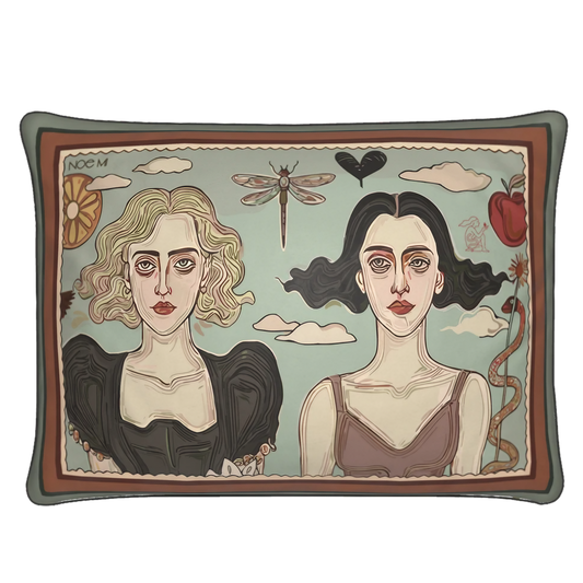 NOE MI luxury rectangular velvet cushion featuring two expressive female faces from the original Double Flame artwork.